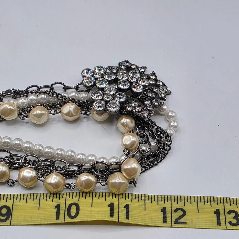 Express Gunmetal Faux Pearl Rhinestone Floral Multi Strand Statement Necklace‎